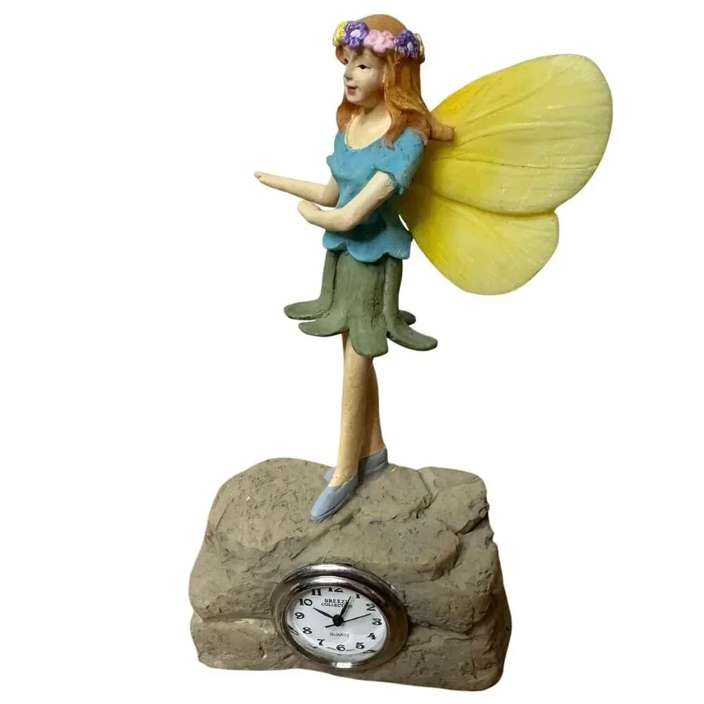 Vintage Miniature Desk Clock Quartz Japan Fairy/ Angel on Rock Breeze Collection